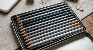 Close-up of a beginner pencil set showing the range of graphite grades from hard H pencils to soft B pencils.