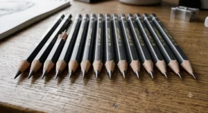 Close-up shot of the finely sharpened tips of a professional graphite pencil set highlighting the different lead thicknesses.
