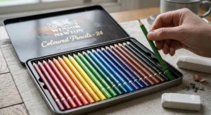 An open tin of a vibrant coloured pencil set for beginners, arranged in a rainbow spectrum on an art table.