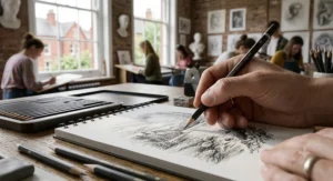 An artist holding a pencil from a professional graphite pencil set while adding fine details to a landscape illustration.