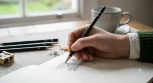 A close-up shot showing the correct hand grip for loose sketching using a soft graphite pencil.