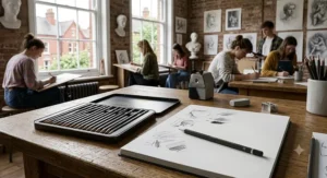 An open professional graphite pencil set sitting next to an A4 sketchbook in a bright British art school studio.