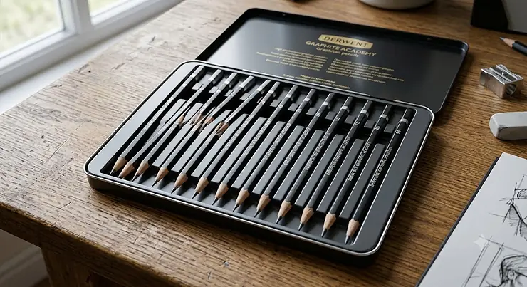 A professional graphite pencil set arranged neatly inside a premium metal artists tin on a wooden studio desk.