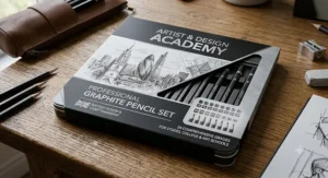 The stylish British-designed exterior packaging of a professional graphite pencil set for art and design students.