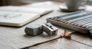 A metal pencil sharpener and a plastic-free putty rubber sitting next to a graphite pencil set for beginners.