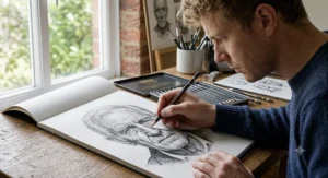 A British artist sketching a detailed portrait using a pencil from a professional graphite pencil set.