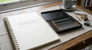 An A4 spiral-bound artists sketchbook opened next to a budget-friendly pencil set for beginners.