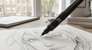 A close-up of a 0.5mm mechanical pencil for drawing intricate manga and anime illustrations.