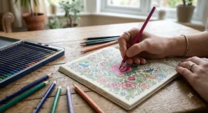 Close-up of a person using vibrant coloured pencils for adult colouring in an intricate floral colouring book