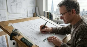 A British architect using a heavy-duty clutch pencil for technical draughting on a drawing board.
