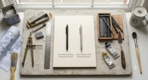 A flatlay of British art school supplies featuring a 0.5 vs 0.7 mechanical pencil for drawing and sketching