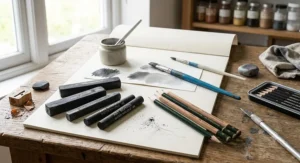 An assortment of British art school drawing materials featuring water soluble graphite sticks vs graphite pencils on a desk.