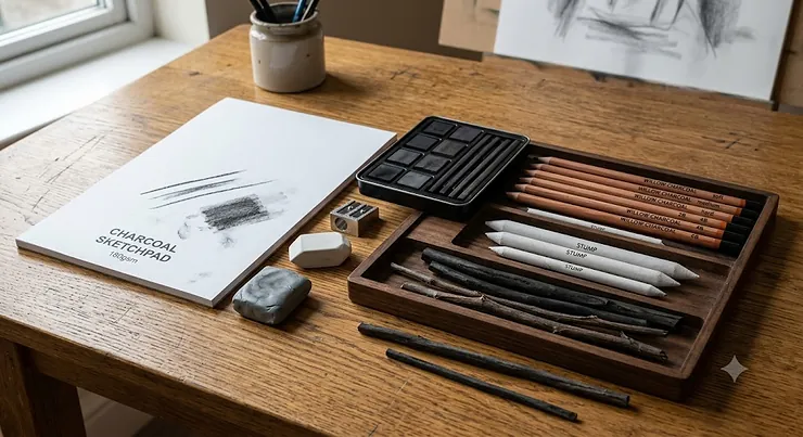 Complete artist charcoal drawing set including Willow charcoal sticks, pencils, and tortillons arranged on a wooden desk.
