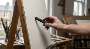 An artist's hand holding a premium British willow charcoal stick ready to sketch on a large easel.