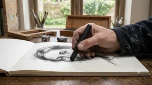 An artist holding a thick compressed charcoal stick, sketching a portrait on textured cartridge paper.