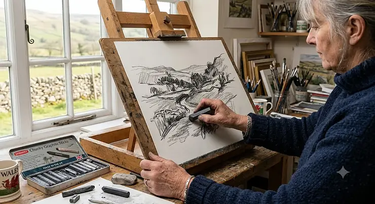 An artist sketching a landscape on heavy cartridge paper using chunky graphite sticks in a UK art studio.