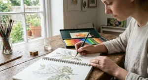 Artist holding an oil based coloured pencil while drawing detailed fine lines in a sketchbook.