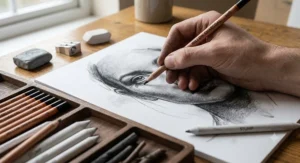 Close-up of an artist using a soft charcoal pencil from a drawing set to shade details on a portrait sketch.