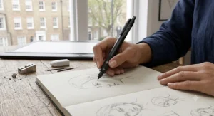 An artist using a fine lead mechanical pencil for drawing detailed portraits in a sketchbook.