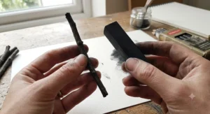An artist holding a lightweight willow twig and a solid, manufactured compressed charcoal stick to compare their physical forms.