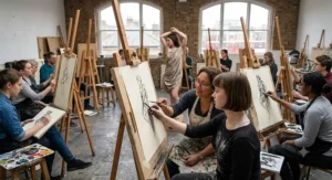Art students in a London workshop learning how to hold charcoal pencils for drawing loose gesture sketches.