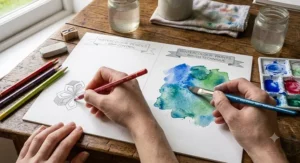 Beginner artist illustration showing pencil grip control with watercolour pencils versus paintbrush technique with watercolour paints.