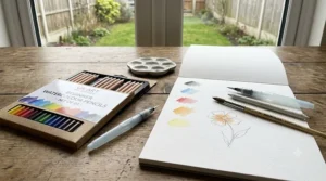 Affordable beginner watercolour pencil set alongside blending tools and watercolour paper