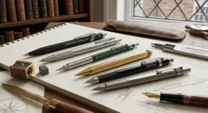 A selection of premium British stationery featuring top-rated clutch pencils and mechanical pencils.