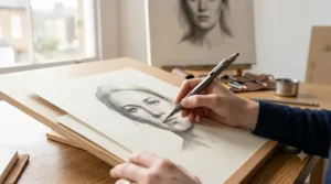An artist utilising a thick lead clutch pencil to shade a portrait illustration.
