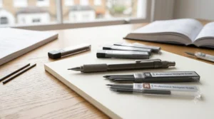 A selection of graphite lead refills next to the best clutch pencil for professional designers.