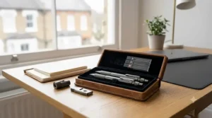 A luxury clutch pencil stationery set arranged neatly on a modern office desk in London.