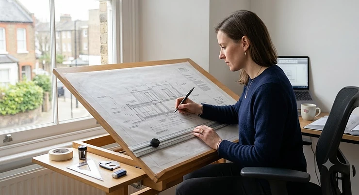 Architect using the best clutch pencil for precise architectural drawings on a drafting table.