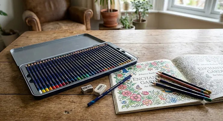 A tin set of premium coloured pencils for adult colouring open on a table alongside a detailed colouring book