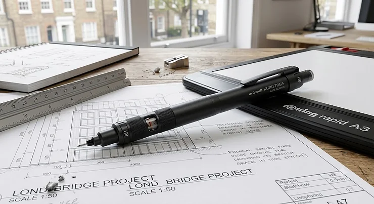 A professional mechanical pencil for drawing technical sketches on a British designer's desk.