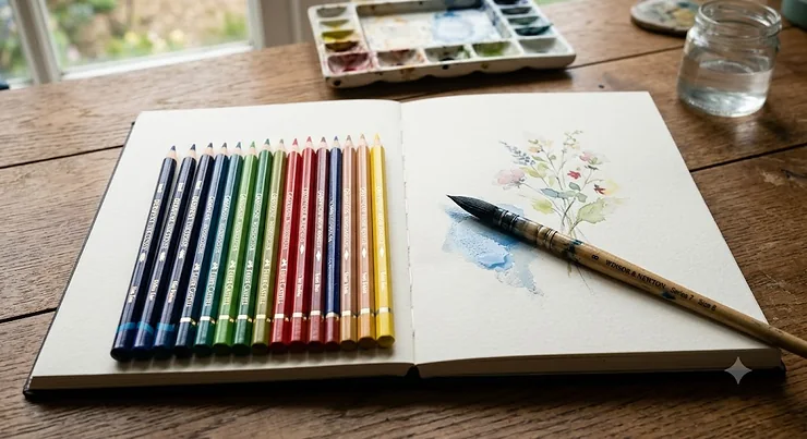 Selection of the best watercolour pencils arranged on an open artist sketchbook with a wet paint brush