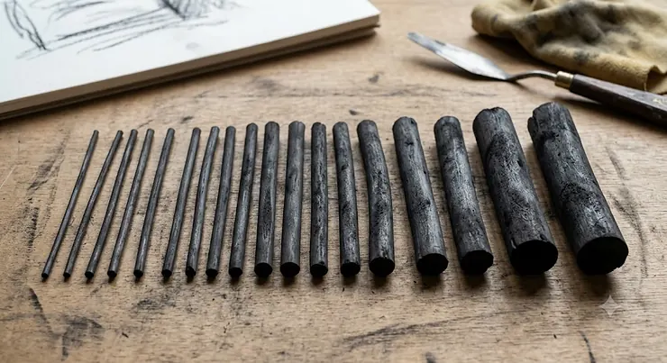 A selection of the best willow charcoal sticks of various thicknesses laid out on a professional artist's drawing board.