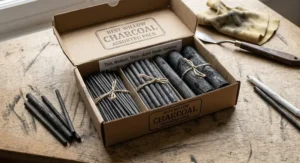 A box of thin, medium, and thick artist-grade willow charcoal sticks showcasing the best varieties for sketching.