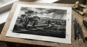 Atmospheric British landscape drawing rendered entirely with the best willow charcoal sticks.