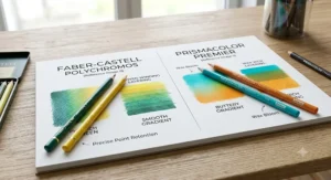 Illustration demonstrating blending and layering techniques using Faber-Castell vs Prismacolor coloured pencils.