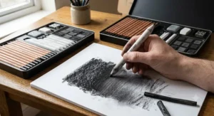 Blending deep charcoal shading on cartridge paper using a paper stump tool included in the charcoal drawing set.