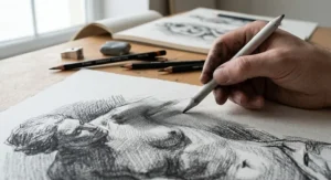 An artist blending dark lines made with charcoal pencils for drawing using a paper tortillon.