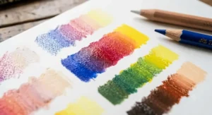 Close-up of smooth colour blending and layering swatches using oil based coloured pencils on textured paper.