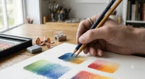 Artist demonstrating smooth burnishing and blending techniques using soft artists coloured pencils.