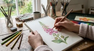 Artist creating a detailed botanical study using rich oil based coloured pencils on heavyweight cartridge paper.
