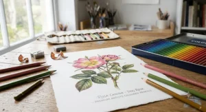 Detailed botanical illustration of a garden flower created with premium artists coloured pencils.