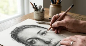 An artist using a sharpened charcoal pencil to render intricate fine lines and sharp details in a realistic portrait sketch.