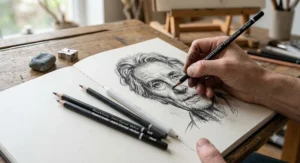 Close-up of an artist using charcoal pencils for drawing a detailed portrait in an A4 sketchbook.