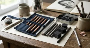 A complete fine art drawing kit displaying both charcoal pencils and various charcoal sticks side by side for British art students.