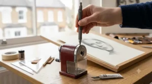 Sharpening a 2mm lead clutch pencil using a traditional rotary pointer sharpener.