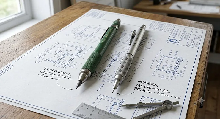 A side-by-side comparison of a traditional clutch pencil and a modern mechanical pencil on a design blueprint.